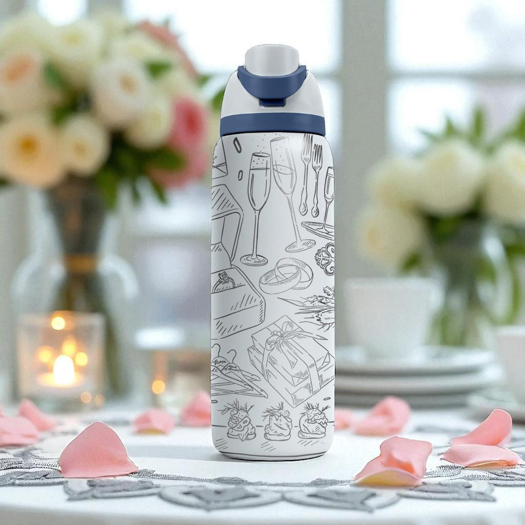 Wedding Theme Owala Bottle – 16oz 24oz 32oz 40oz Engraved Bride Gift – Rings Champagne Cake Cup – Romantic Engagement Drinkware