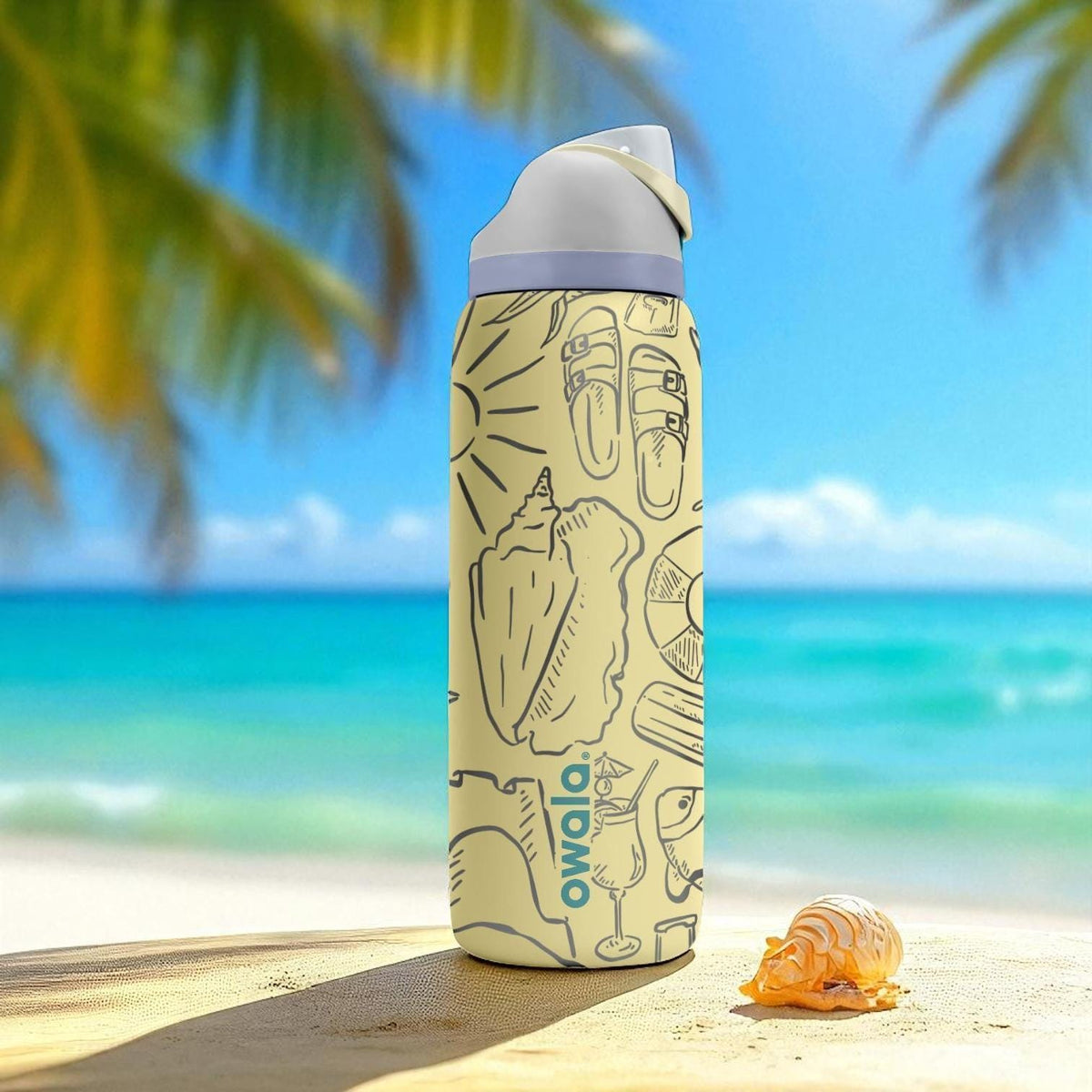 Beach Day Owala Bottle – 16oz 24oz 32oz 40oz Engraved Summer Icons Water Bottle – Sandals Shells Coconut Gift – Tropical Vacation Cup