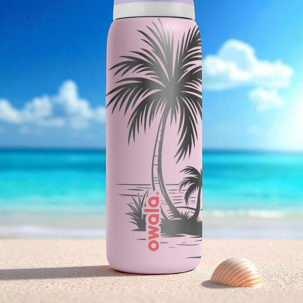 Engraved Flamingo Beach Owala Bottle – Tropical Sunset Palm Tree Tumbler – 16oz 24oz 32oz 40oz Summer Gift