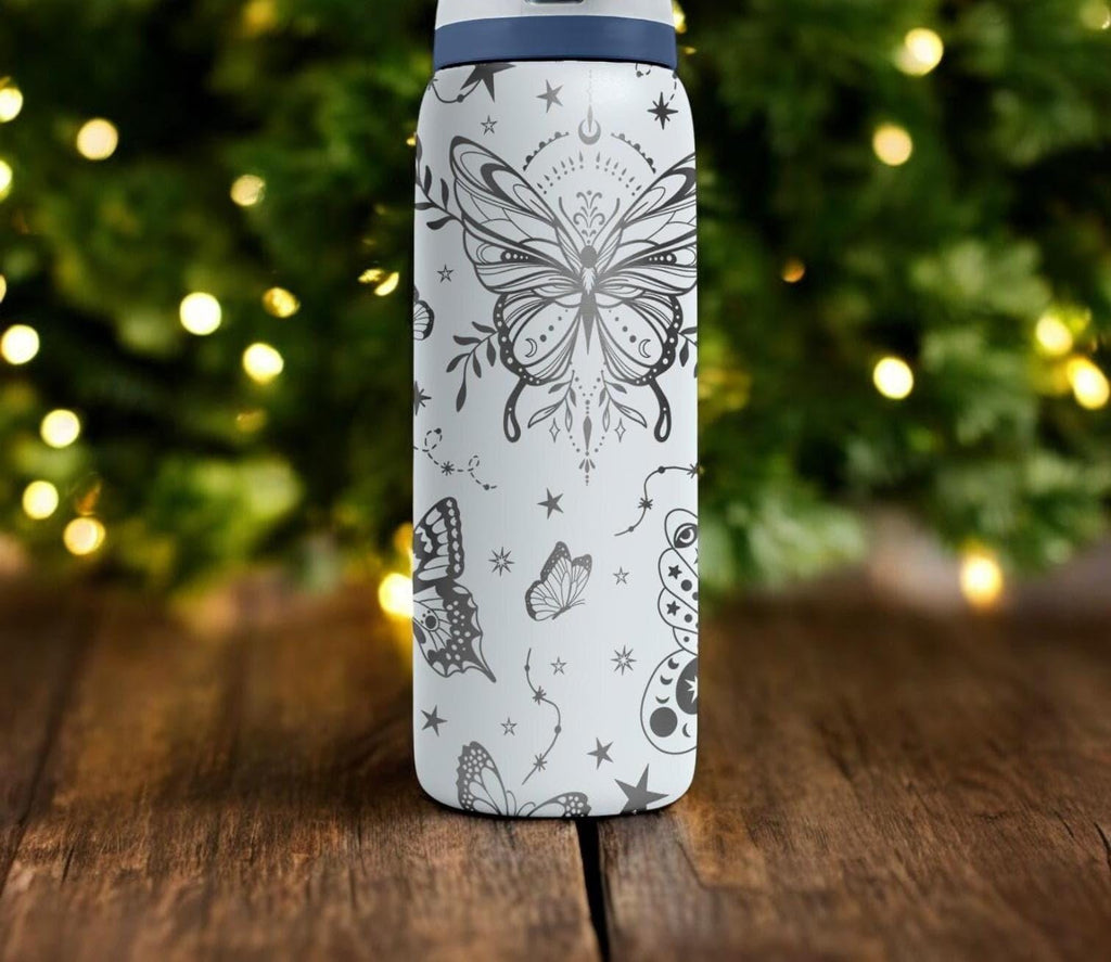 Butterflies Engraved Owala Bottle – Elegant Floral and Star Pattern – Magical Holiday Gift Stainless Cup 16oz 24oz 32oz 40oz