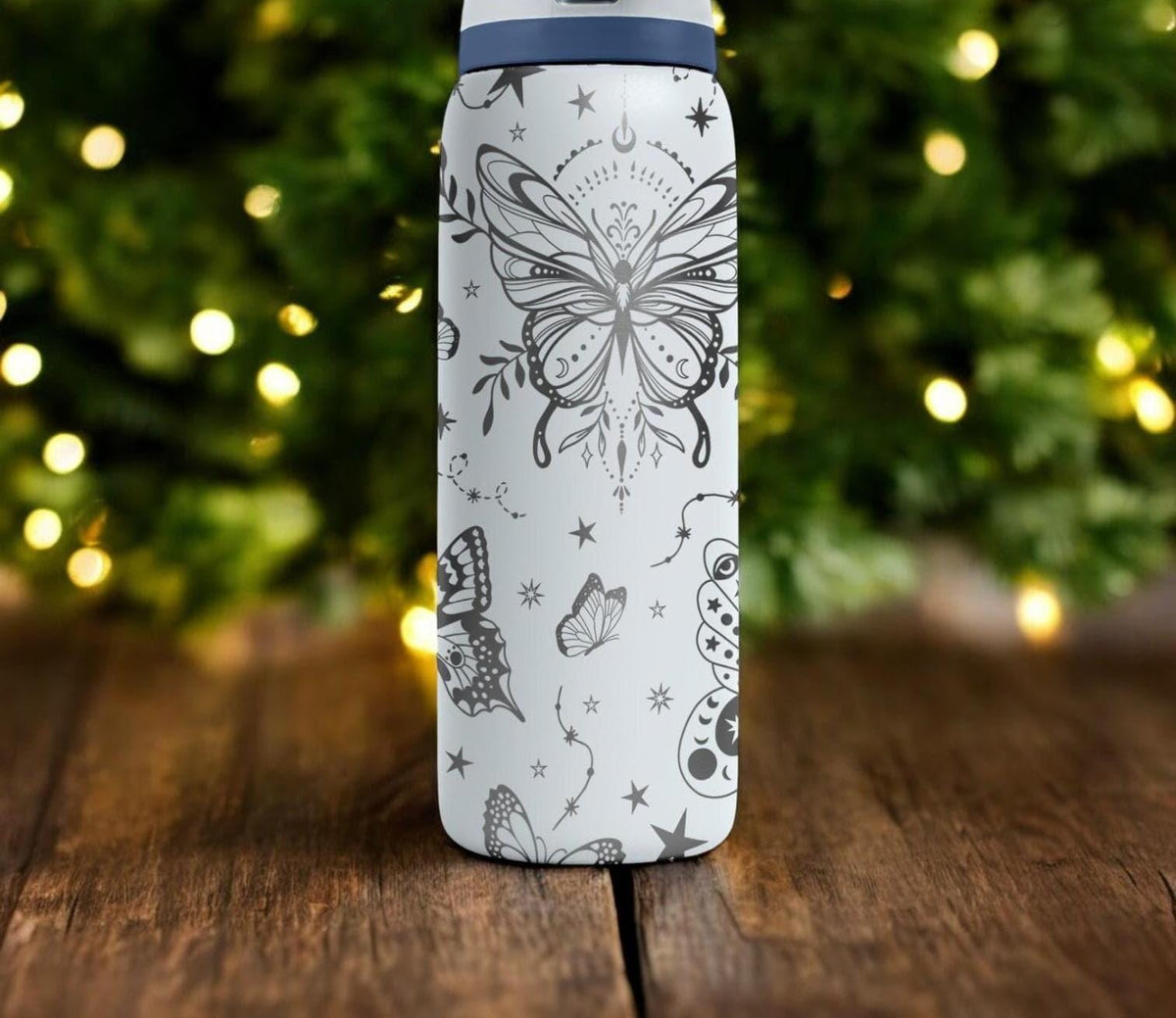 Butterflies Engraved Owala Bottle – Elegant Floral and Star Pattern – Magical Holiday Gift Stainless Cup 16oz 24oz 32oz 40oz
