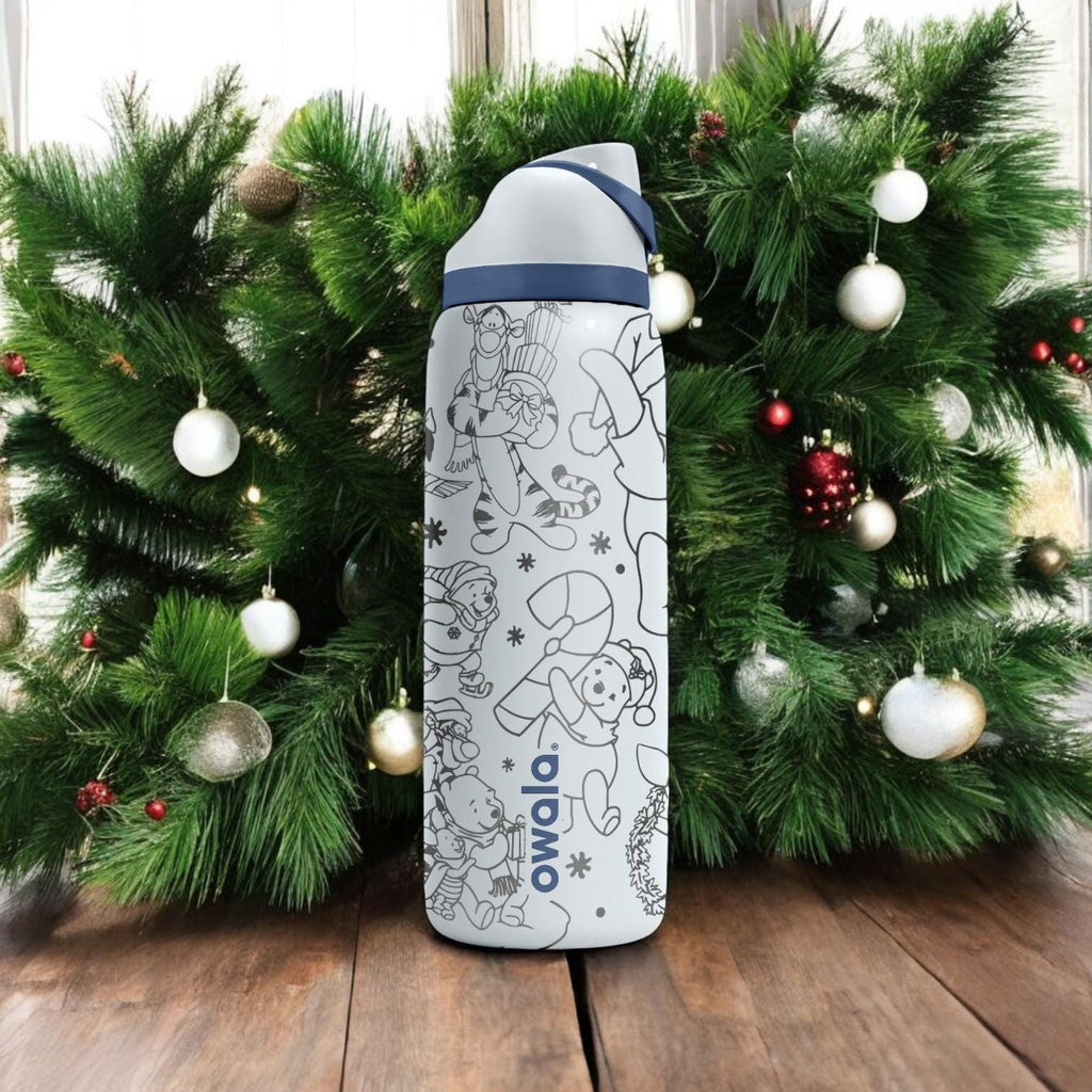 Christmas Engraved Owala Bottle – Cozy Winnie and Friends Winter Design – Cute Holiday Gift Stainless Cup 16oz 24oz 32oz 40oz