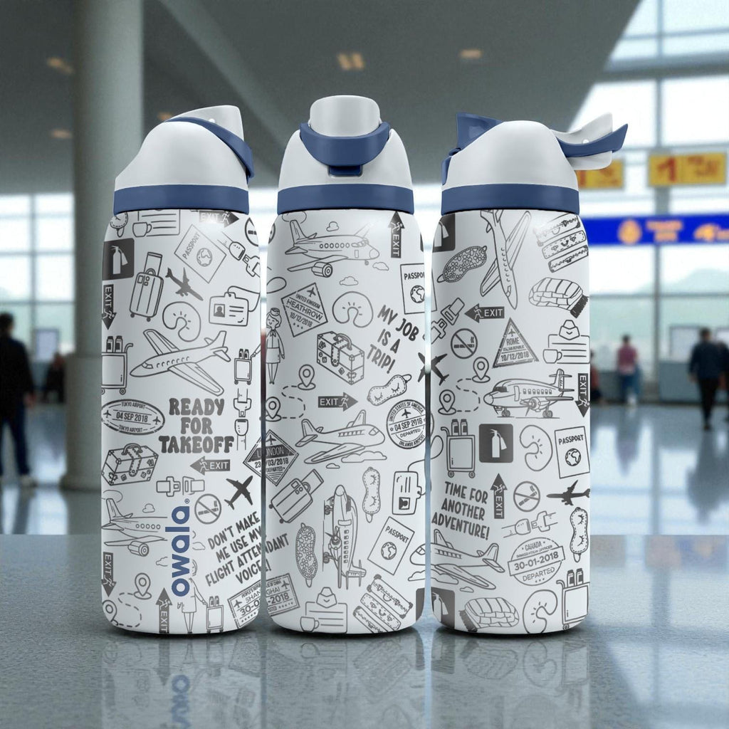 Flight Attendant Engraved Owala Bottle – Aviation Doodle Travel Pattern – Pilot Crew Gift Stainless Cup 16oz 24oz 32oz 40oz  ⸻