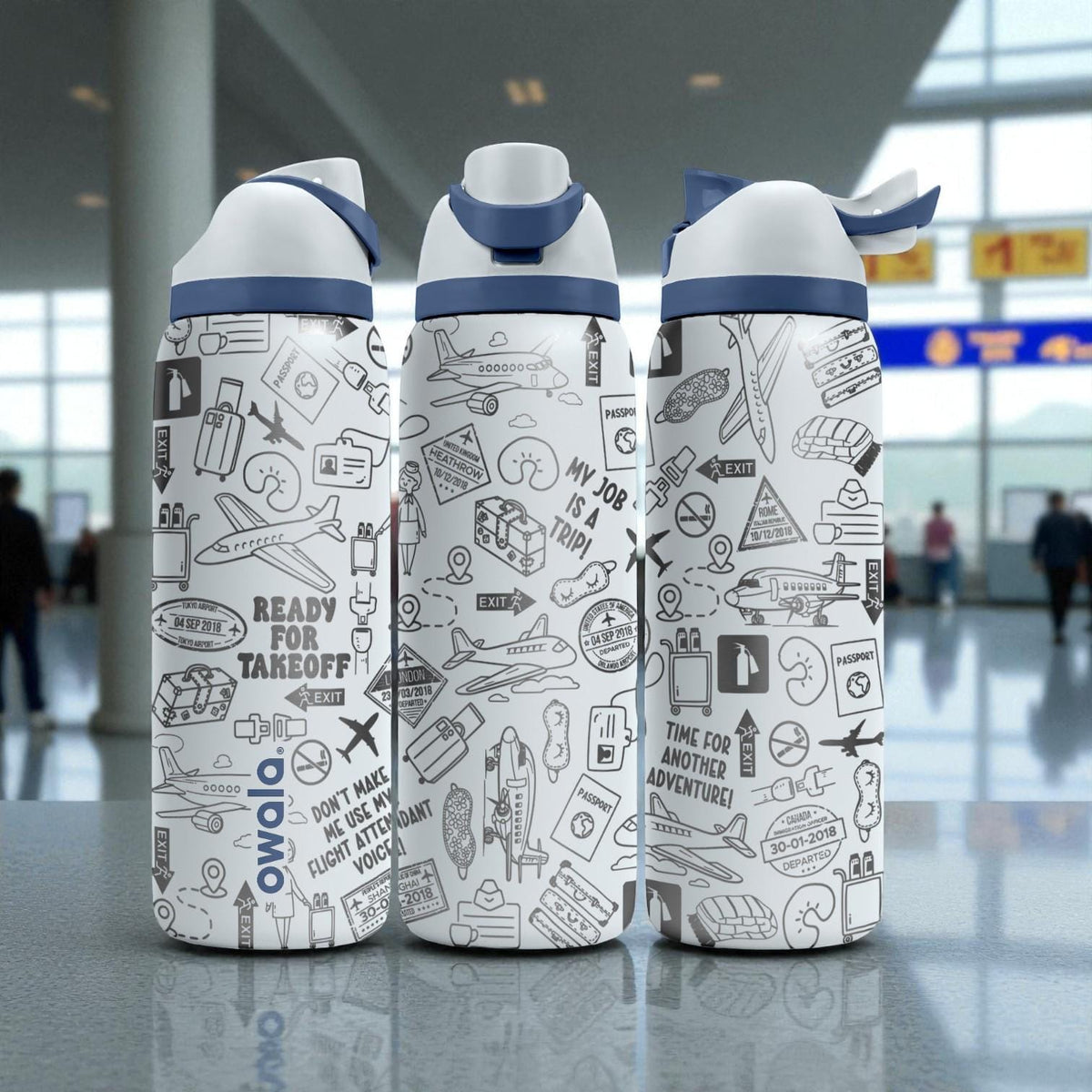 Flight Attendant Engraved Owala Bottle – Aviation Doodle Travel Pattern – Pilot Crew Gift Stainless Cup 16oz 24oz 32oz 40oz  ⸻
