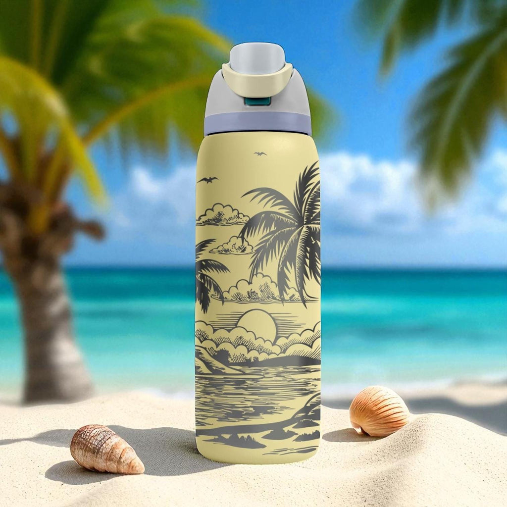 Tropical Island Engraved Owala Tumbler – Palm Trees Sunset Beach Scene – Summer Gift – 40oz 32oz 24oz Bottle