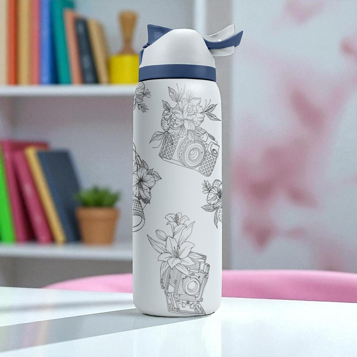 Floral Camera Engraved Owala Tumbler – 16oz 24oz 32oz 40oz FreeSip Cup with Vintage Photography Wrap – Gift for Photographers