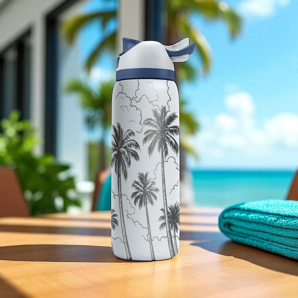 Engraved Palm Tree Tumbler – Owala Water Bottle with Tropical Clouds Design – 16oz 24oz 32oz 40oz