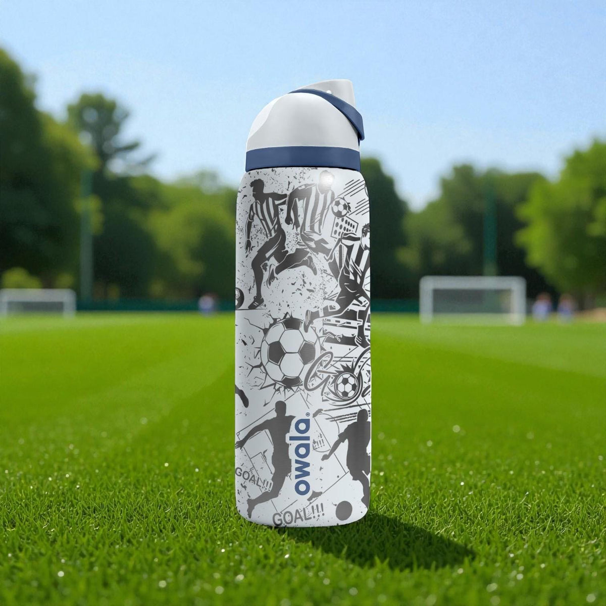 Soccer Action Engraved Owala Bottle – Player Silhouettes, Goal Net & Trophy Pattern – Sports Gift Stainless Cup 16oz 24oz 32oz 40oz  ⸻