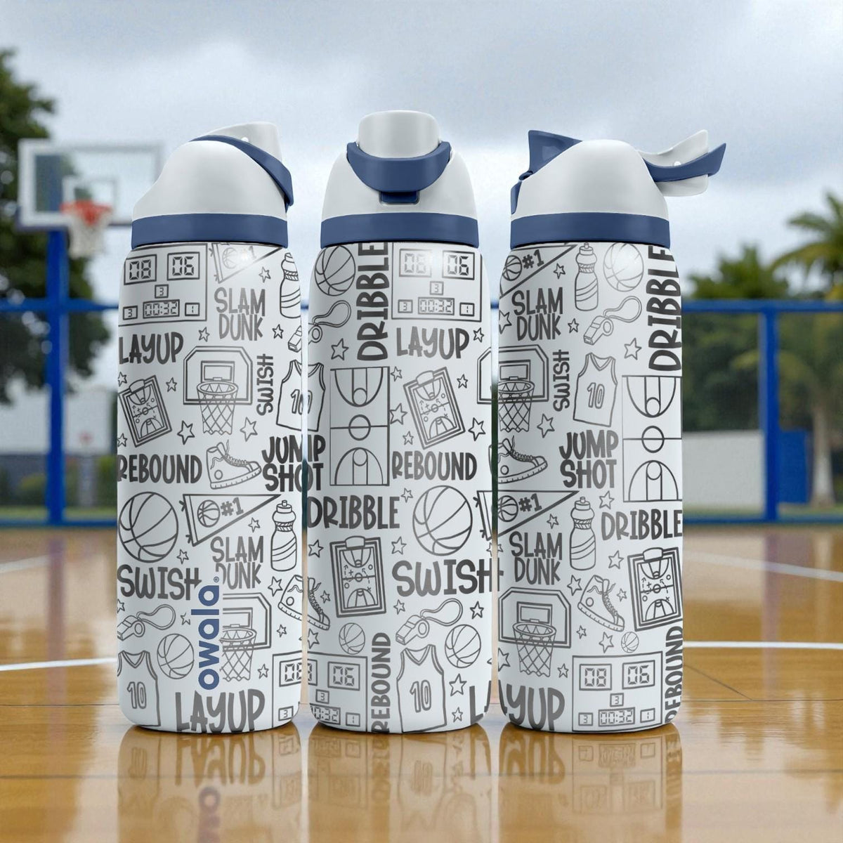 Basketball Engraved Owala Bottle – Dribble & Dunk Court Pattern – Sports Gift Stainless Cup 16oz 24oz 32oz 40oz  ⸻