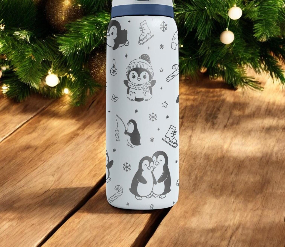 Cute Penguins Engraved Owala Bottle – Winter Wonderland Ice Skating Design – Christmas Gift Stainless Cup 16oz 24oz 32oz 40oz