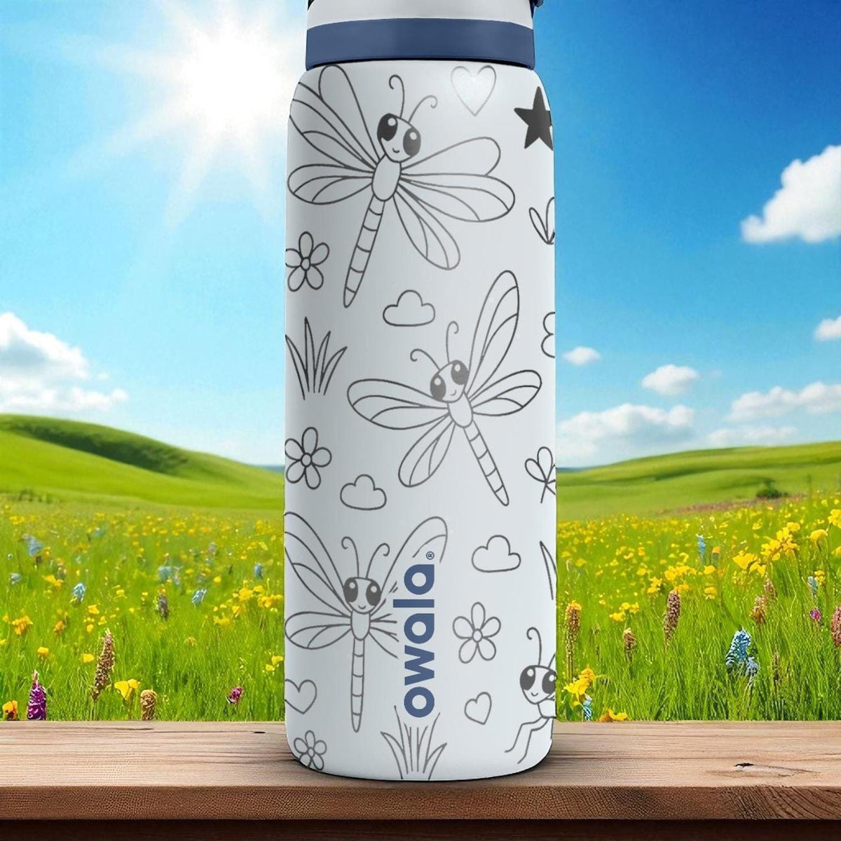 Engraved Dragonfly Water Bottle – Cute Owala Tumbler with Flowers and Stars – 16oz 24oz 32oz 40oz Gift for Nature and Bug Lovers
