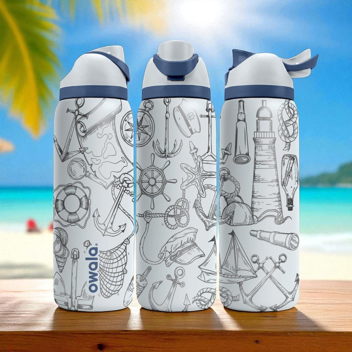 Nautical Owala Bottle – 16oz 24oz 32oz 40oz Engraved Maritime Water Bottle – Anchor and Sailor Theme – Ocean Lover Gift Cup