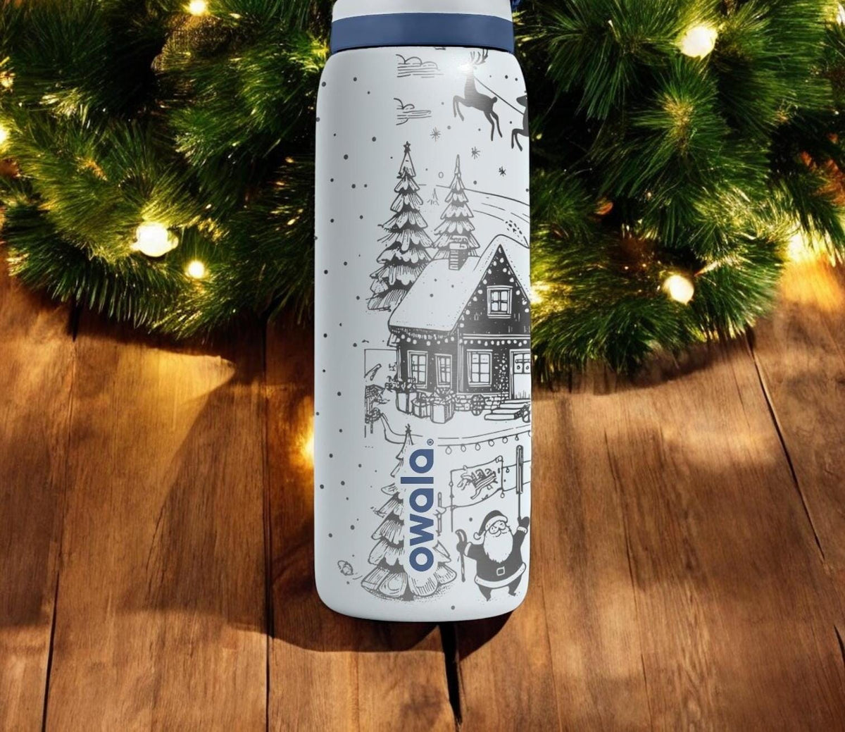 Christmas Village Engraved Owala Bottle – Santa Sleigh and Cabin Winter Design – Holiday Gift Stainless Cup 16oz 24oz 32oz 40oz