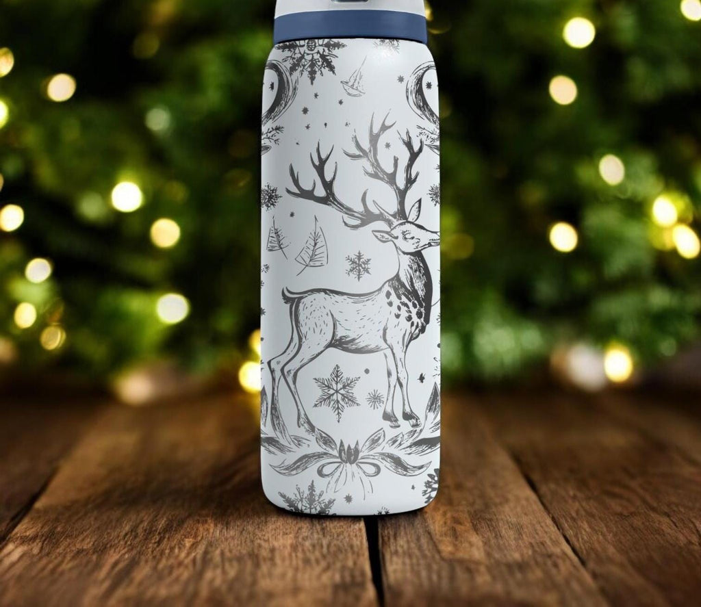 Reindeer Engraved Owala Bottle – Elegant Winter Forest Design with Snowflakes – Christmas Gift Stainless Cup 16oz 24oz 32oz 40oz
