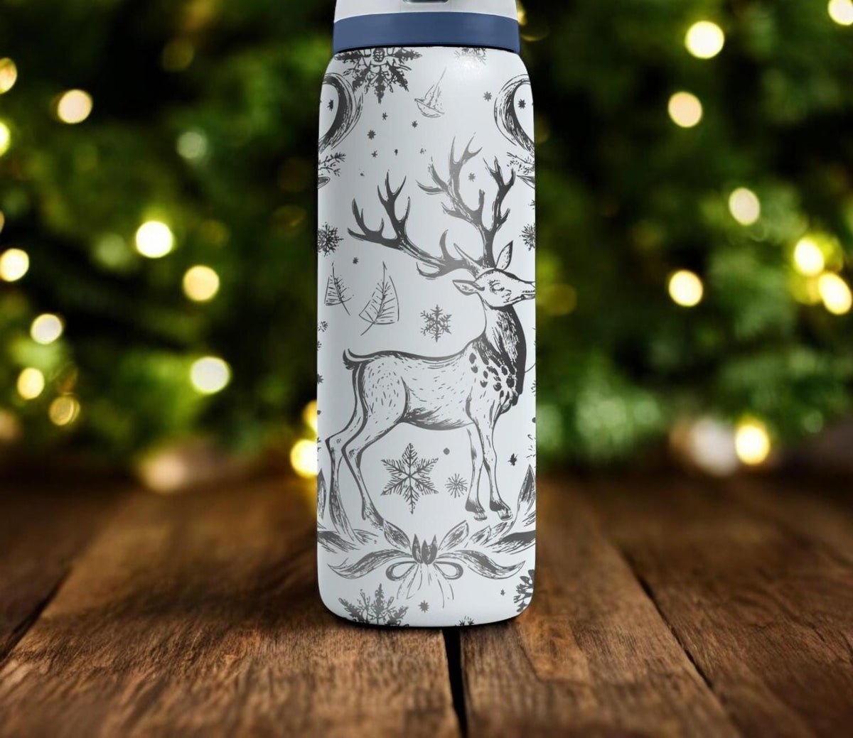 Reindeer Engraved Owala Bottle – Elegant Winter Forest Design with Snowflakes – Christmas Gift Stainless Cup 16oz 24oz 32oz 40oz