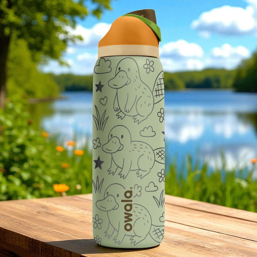 Engraved Platypus Water Bottle – Cute Owala Tumbler with Flowers and Stars – 16oz 24oz 32oz 40oz Gift for Animal and Nature Lovers