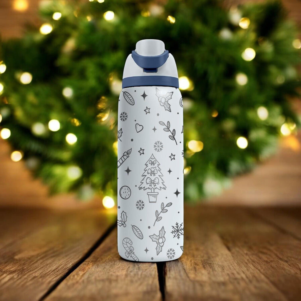 Christmas Tree Engraved Owala Bottle – Cozy Holiday Pattern with Gifts and Snowflakes – Winter Gift Stainless Cup 16oz 24oz 32oz 40oz