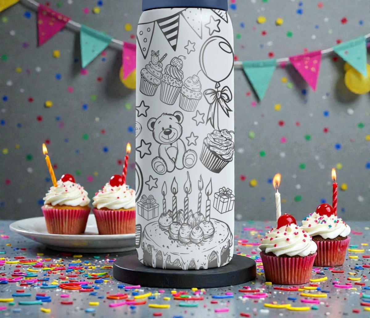 Birthday Engraved Owala Bottle – Teddy Bear, Cupcake and Party Pattern – Celebration Gift Stainless Steel Cup 16oz 24oz 32oz 40oz  ⸻