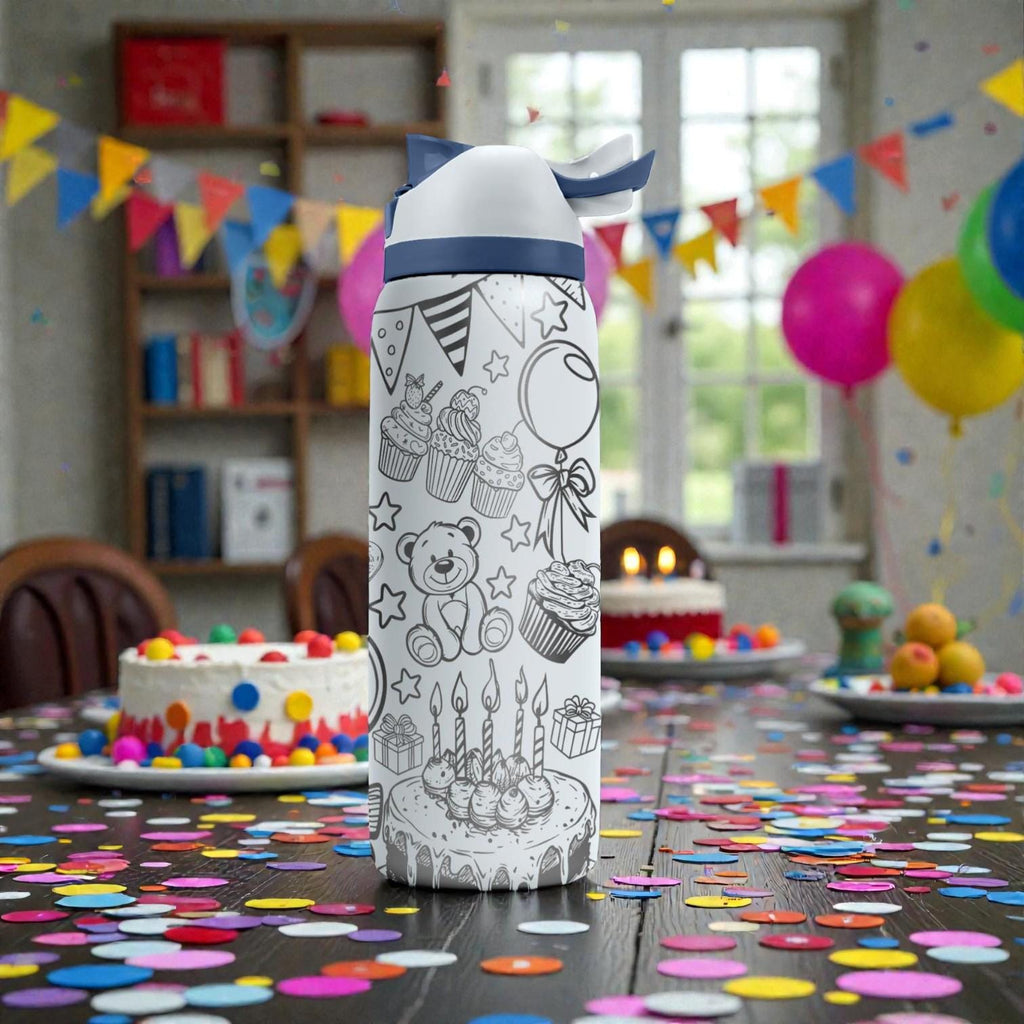 Birthday Engraved Owala Bottle – Teddy Bear, Cupcake and Party Pattern – Celebration Gift Stainless Steel Cup 16oz 24oz 32oz 40oz  ⸻