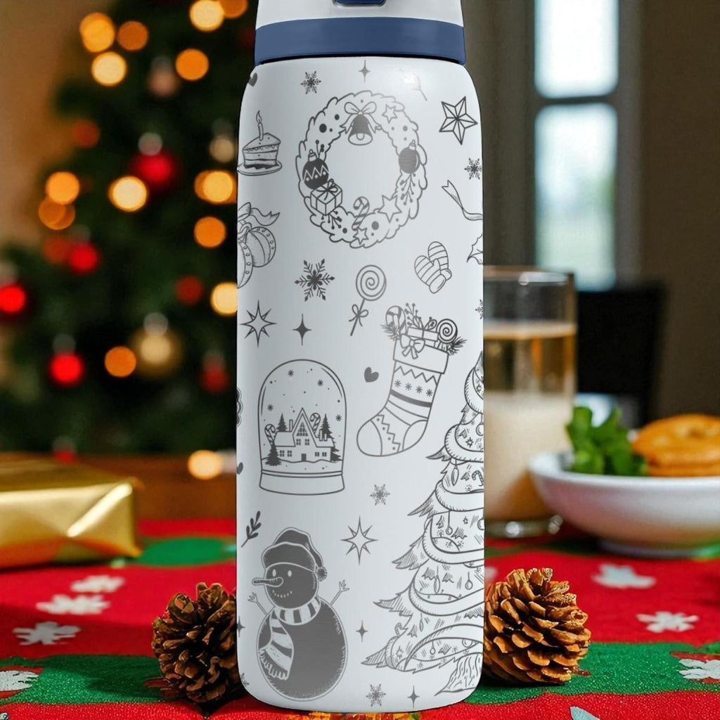 Christmas Owala Engraved Tumbler – Holiday Laser Gift – Santa, Tree, Gifts, Snowman Design – 40oz 32oz 24oz Bottle