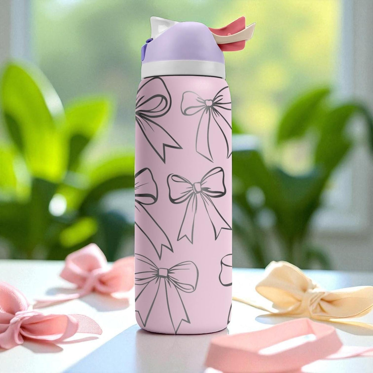 Pink Bow Engraved Owala Tumbler – 16oz 24oz 32oz 40oz Coquette FreeSip Cup – Bows & Ribbons Aesthetic Gift