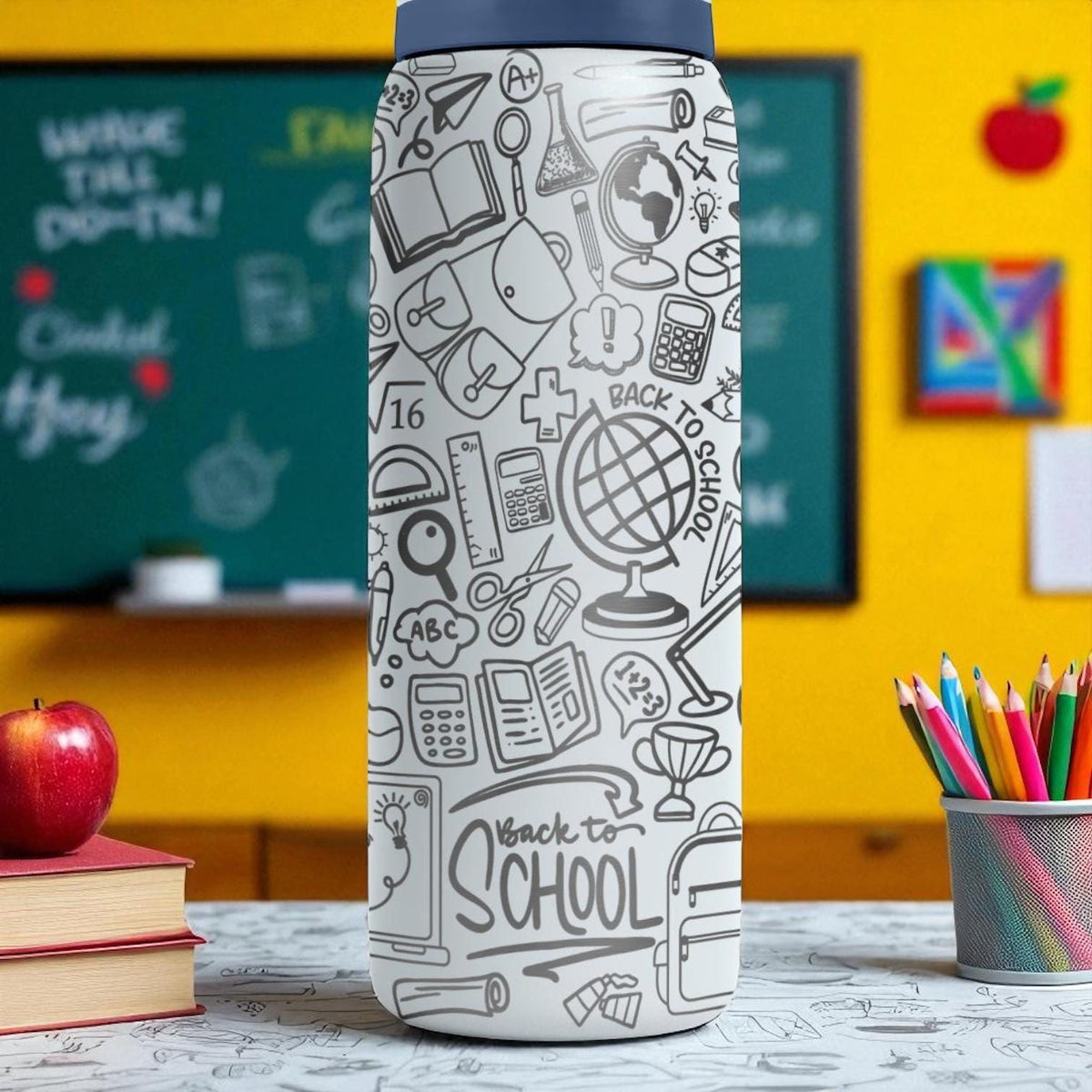 Back to School Owala Engraved Water Bottle – 16oz 24oz 32oz 40oz – Student Teacher Gift, Classroom Doodle Tumbler