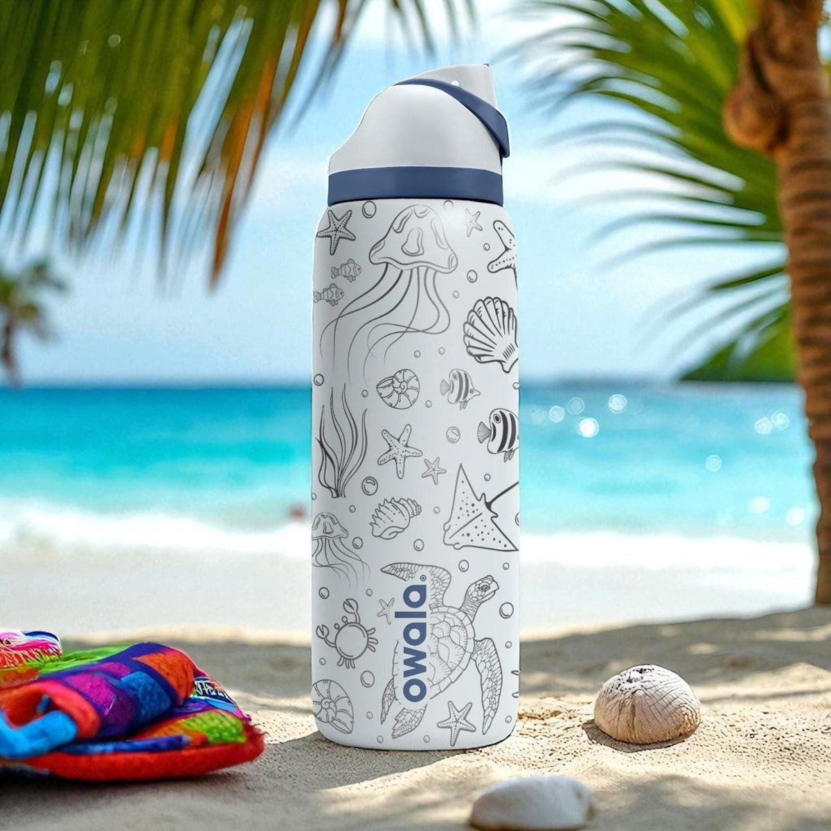 Ocean Creatures Engraved Owala Tumbler – Jellyfish, Turtle and Shells – Beach Gift Idea – 40oz 32oz 24oz Bottle