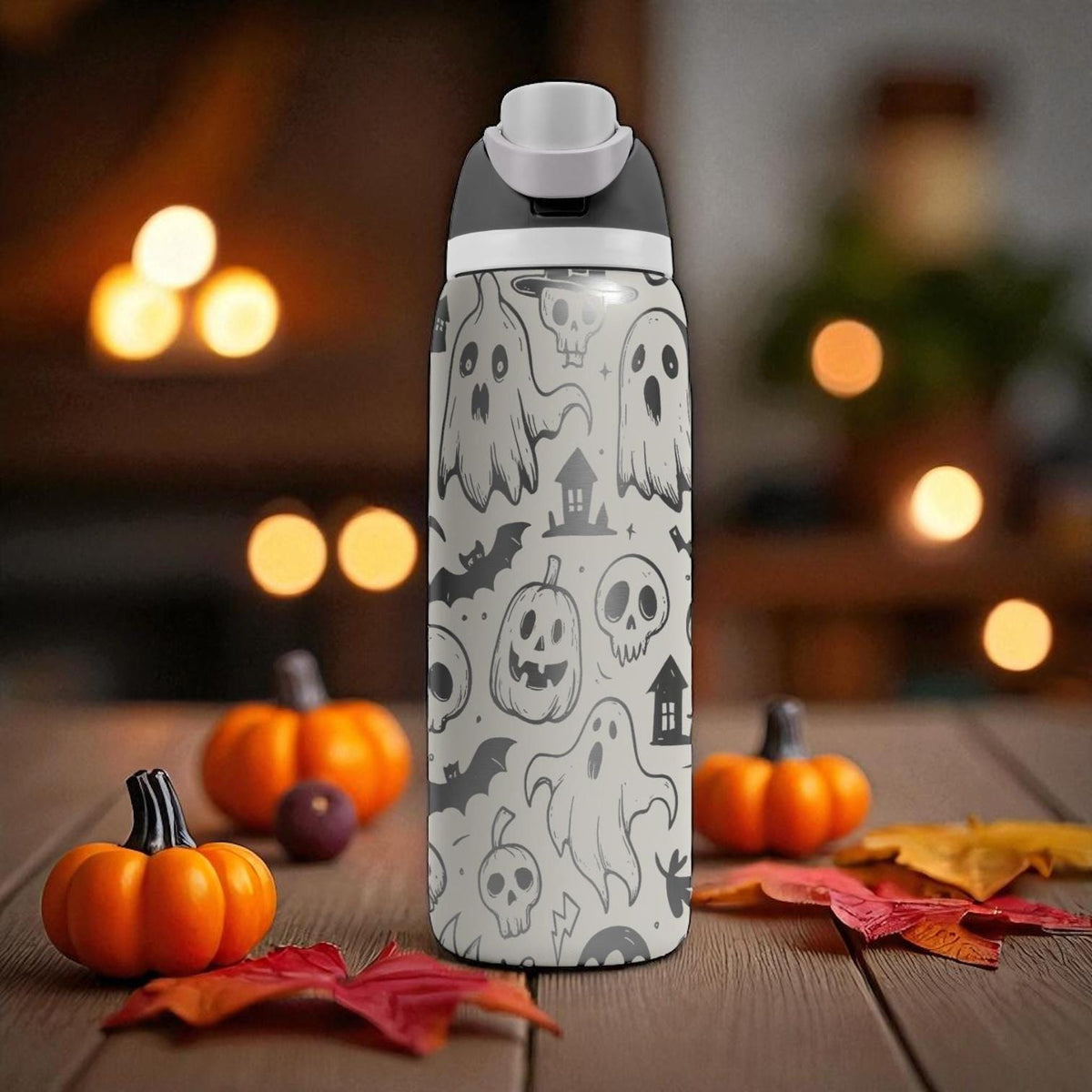 Engraved Halloween Tumbler – Owala Bottle with Ghosts, Bats and Skulls – Spooky Fall Water Bottle – 16oz 24oz 32oz 40oz