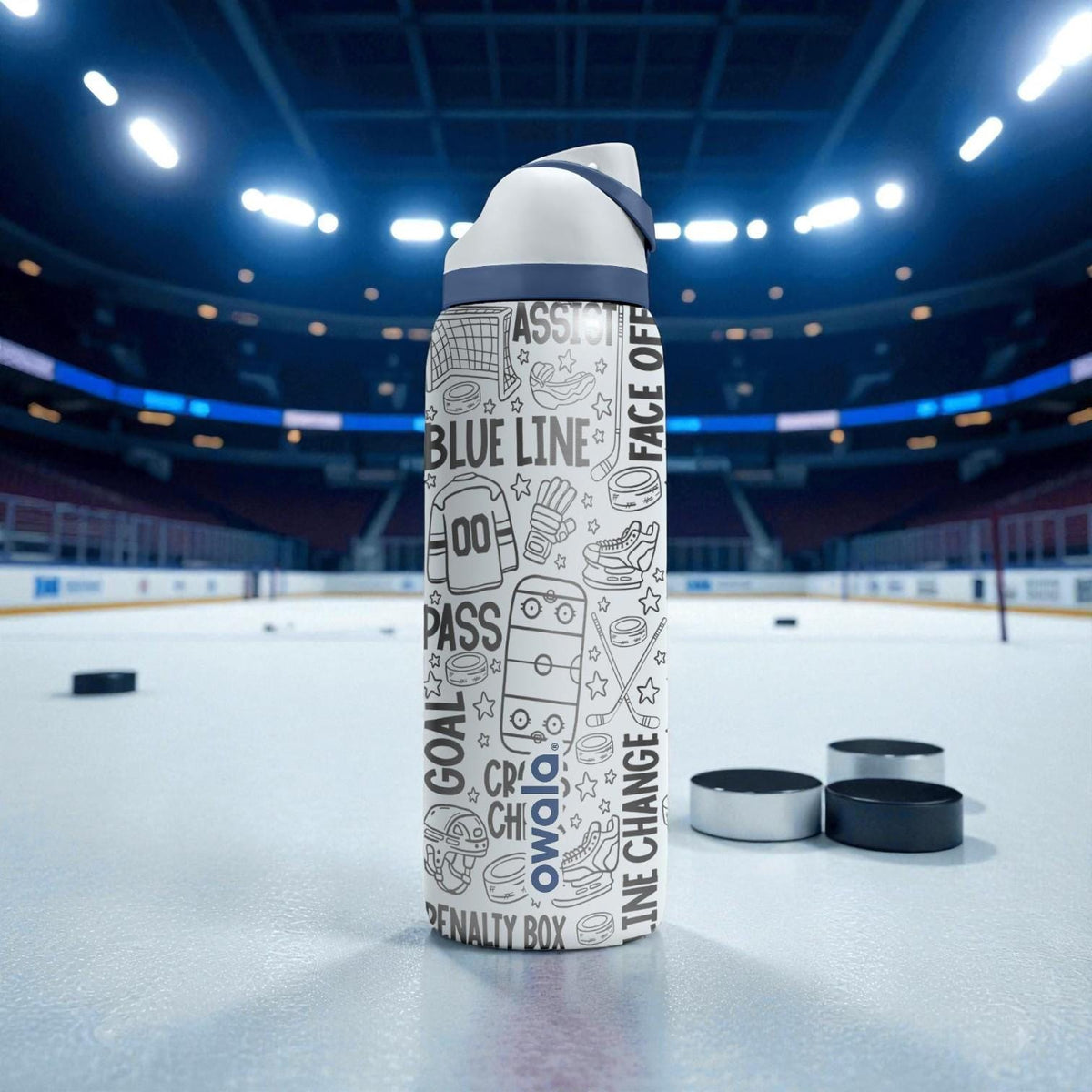Hockey Engraved Owala Bottle – Slap Shot & Ice Rink Pattern – Player Coach Gift Stainless Cup 16oz 24oz 32oz 40oz  ⸻