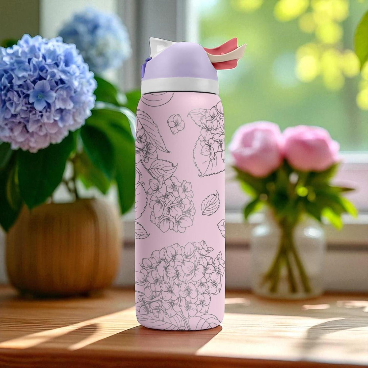 Engraved Hydrangea Tumbler – Pink Floral Owala Bottle – Laser Etched Water Cup – Elegant Gift – 16oz 24oz 32oz 40oz