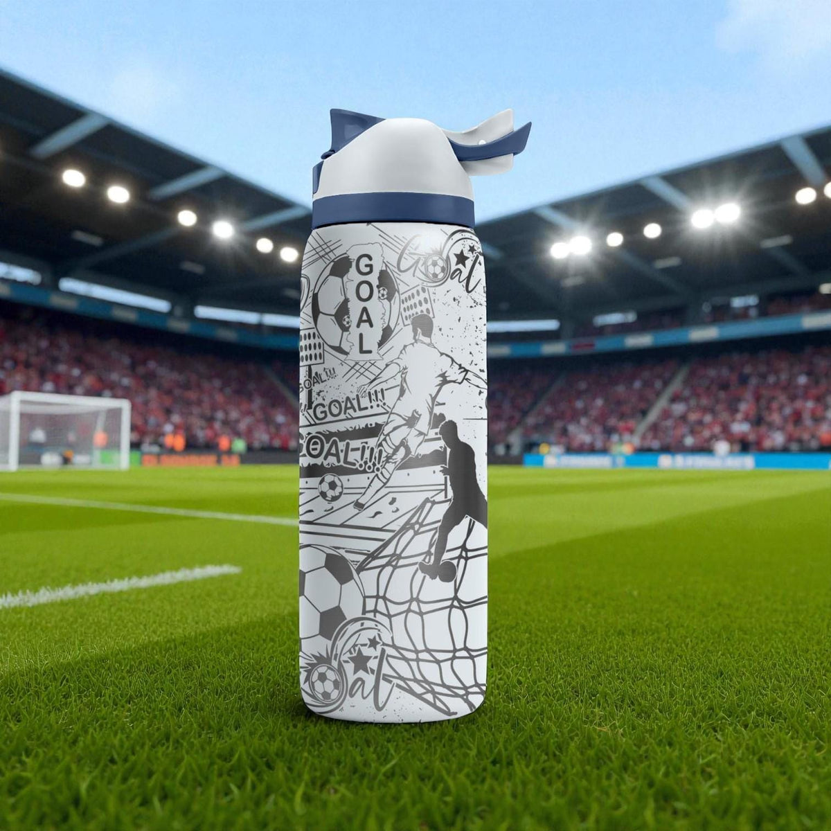 Soccer Action Engraved Owala Bottle – Player Silhouettes, Goal Net & Trophy Pattern – Sports Gift Stainless Cup 16oz 24oz 32oz 40oz  ⸻