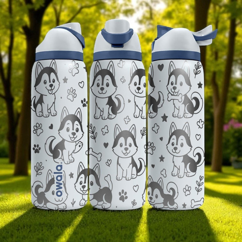 Husky Dog Owala Bottle – 16oz 24oz 32oz 40oz Engraved Tumbler – Cute Siberian Husky Gift – Kawaii Puppy Drinkware for Kids or Adults