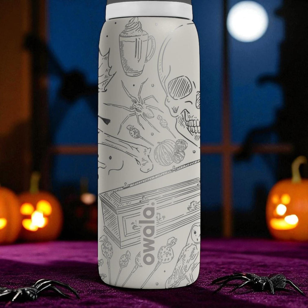 Engraved Halloween Tumbler – Owala Bottle with Spooky Skull and Pumpkin Design – Laser Engraved – 40oz 32oz 24oz 16oz