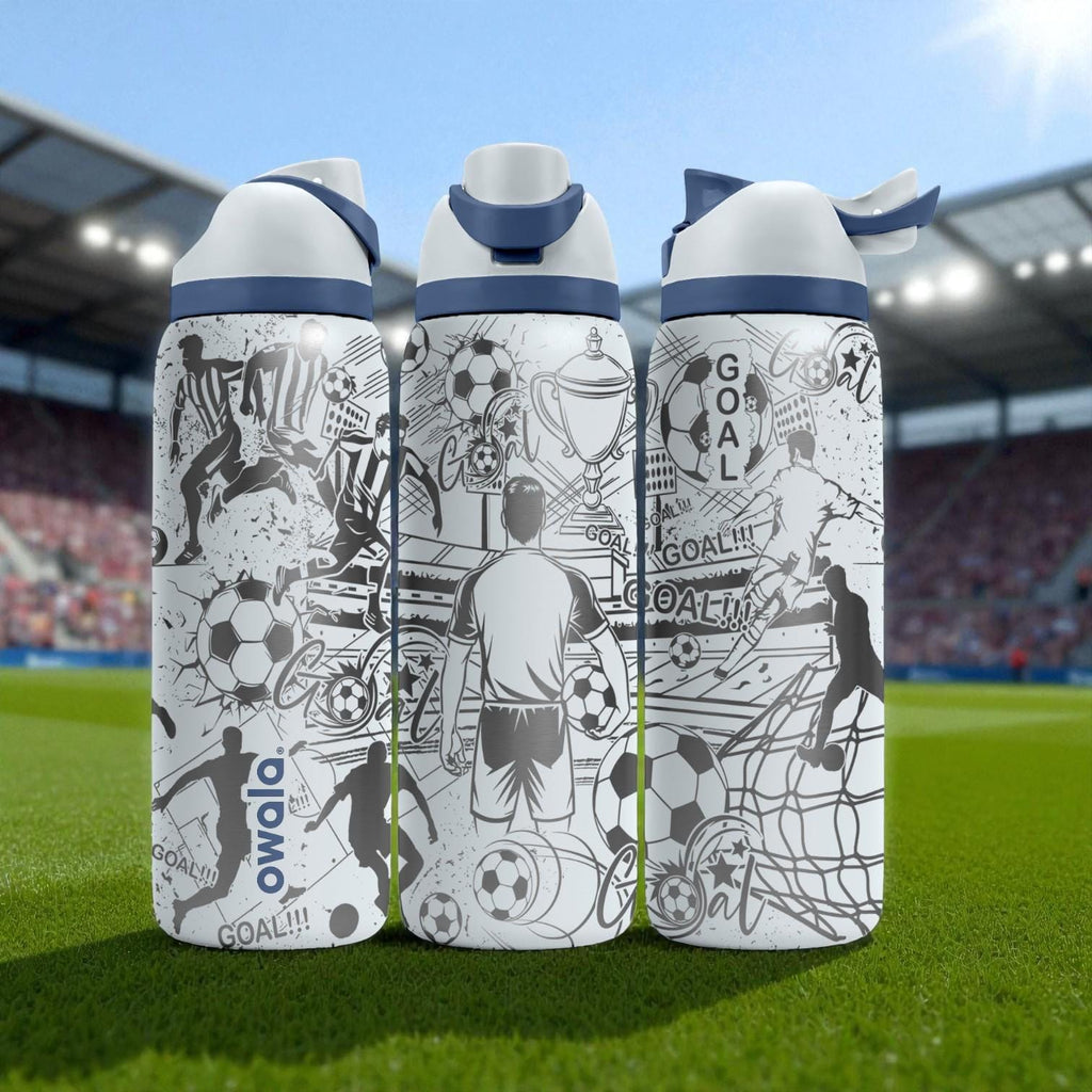 Soccer Action Engraved Owala Bottle – Player Silhouettes, Goal Net & Trophy Pattern – Sports Gift Stainless Cup 16oz 24oz 32oz 40oz  ⸻