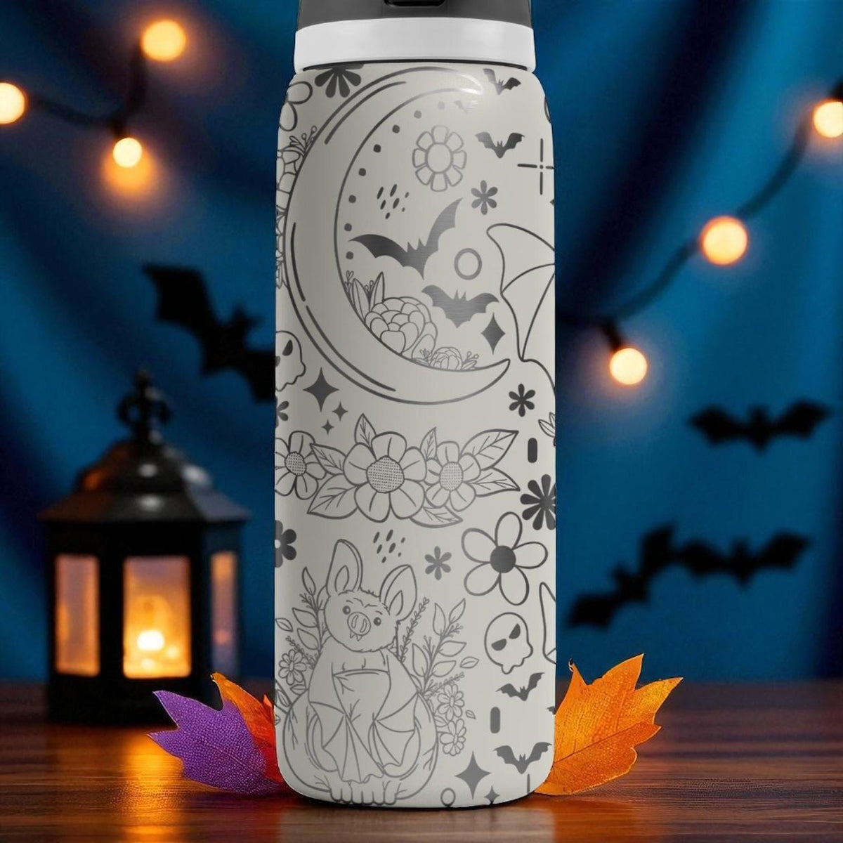 Engraved Bat Owala Bottle – Cute Moon and Floral Bat Design Tumbler – 16oz 24oz 32oz 40oz Water Bottle Gift