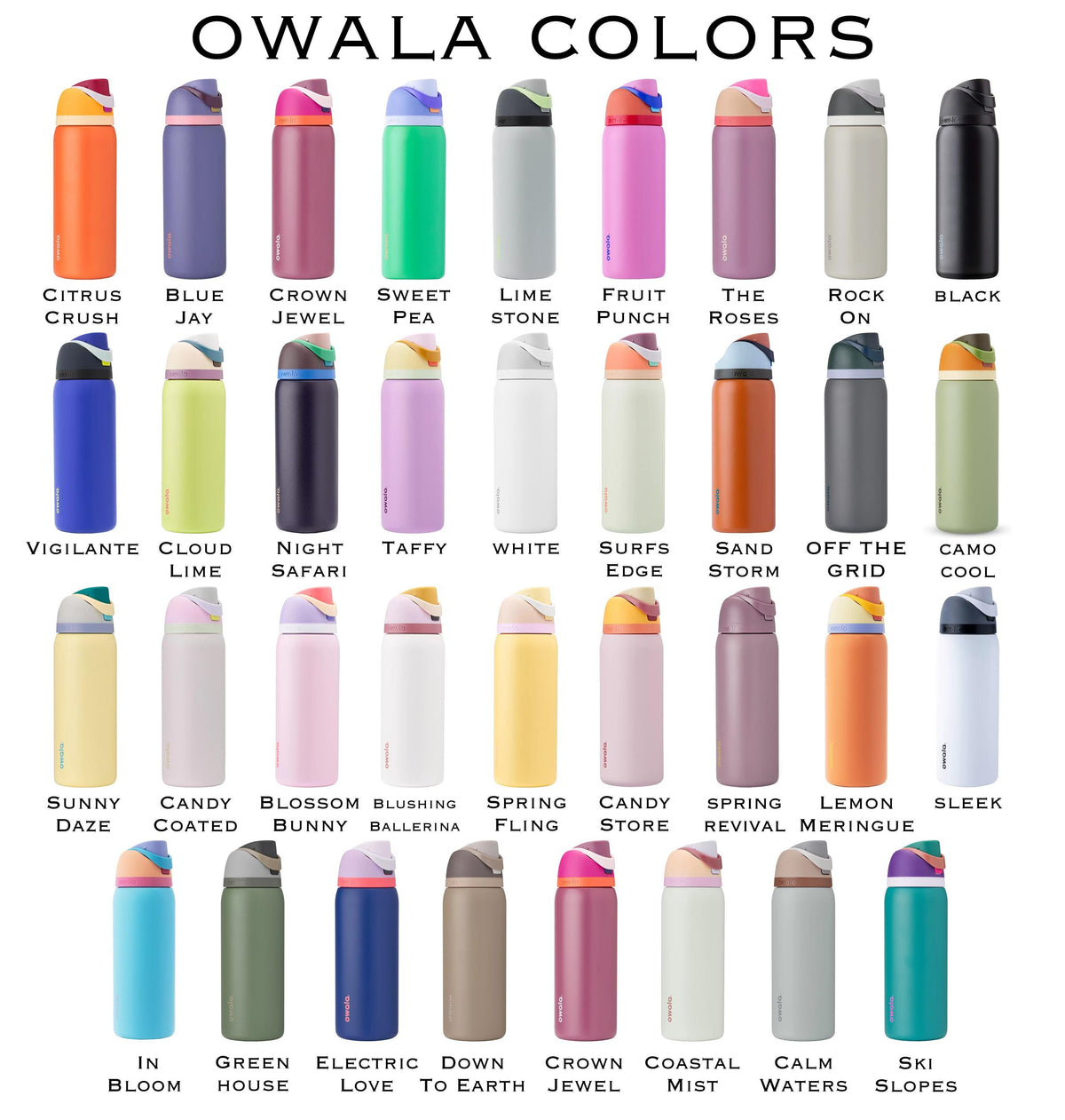 a grid of 24 different colored water bottles, each with a unique color and label.