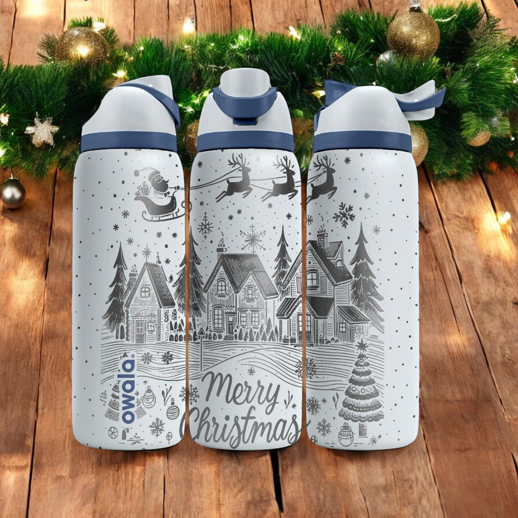 Christmas Bow Engraved Owala Bottle – Elegant Ribbon and Snowflake Holiday Design – Stylish Winter Gift Stainless Cup 16oz 24oz 32oz 40oz