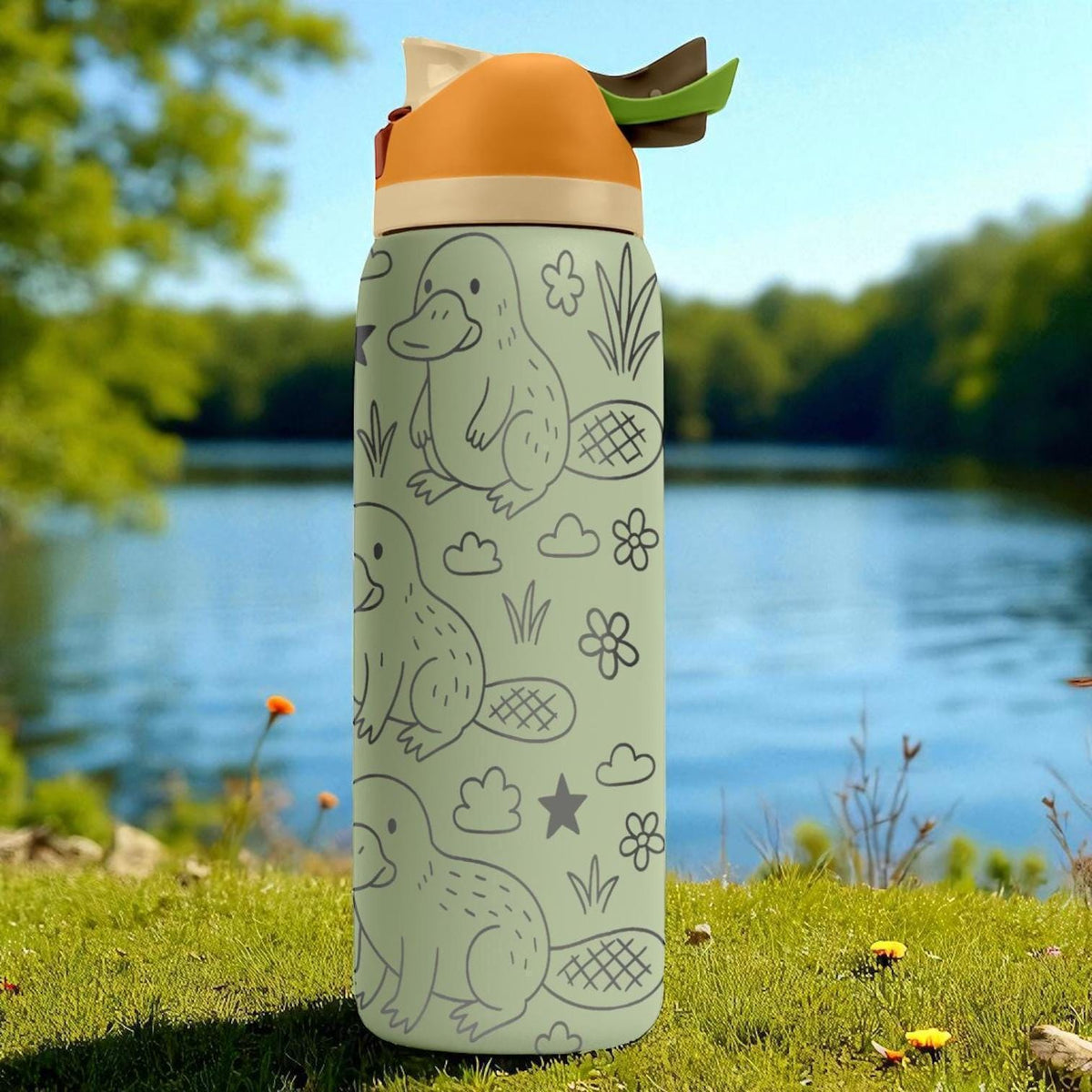Engraved Platypus Water Bottle – Cute Owala Tumbler with Flowers and Stars – 16oz 24oz 32oz 40oz Gift for Animal and Nature Lovers