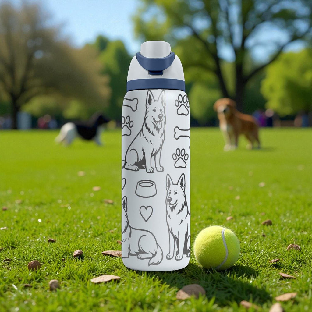 German Shepherd Engraved Owala Bottle – Dog Pattern with Paw Prints, Bones & Hearts – Pet Lover Gift Stainless Cup 16oz 24oz 32oz 40oz