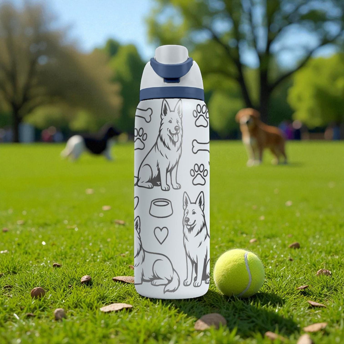 German Shepherd Engraved Owala Bottle – Dog Pattern with Paw Prints, Bones & Hearts – Pet Lover Gift Stainless Cup 16oz 24oz 32oz 40oz