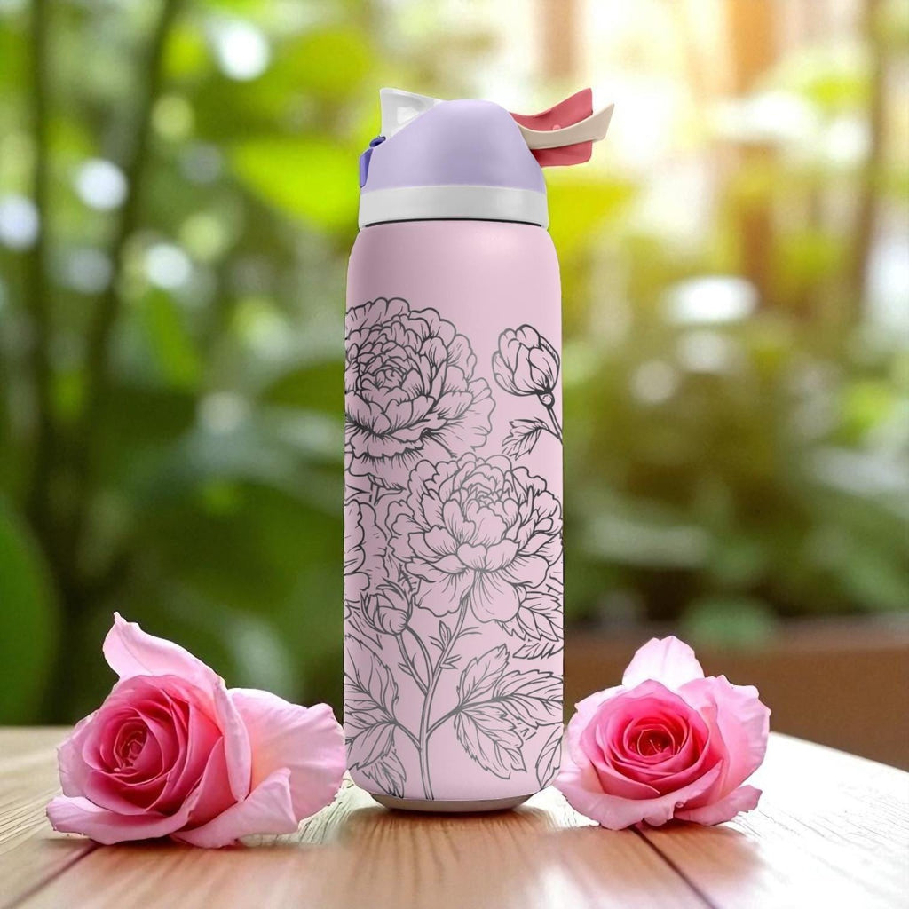 Peony Flower Engraved Owala Tumbler – 16oz 24oz 32oz 40oz Pink Floral Cup – Elegant Gift for Her – Aesthetic Stainless Steel Bottle