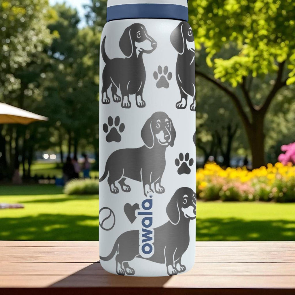 Dachshund Engraved Owala Water Bottle – Cute Wiener Dog Gift with Paws and Bones – 16oz 24oz 32oz 40oz for Doxie Lovers