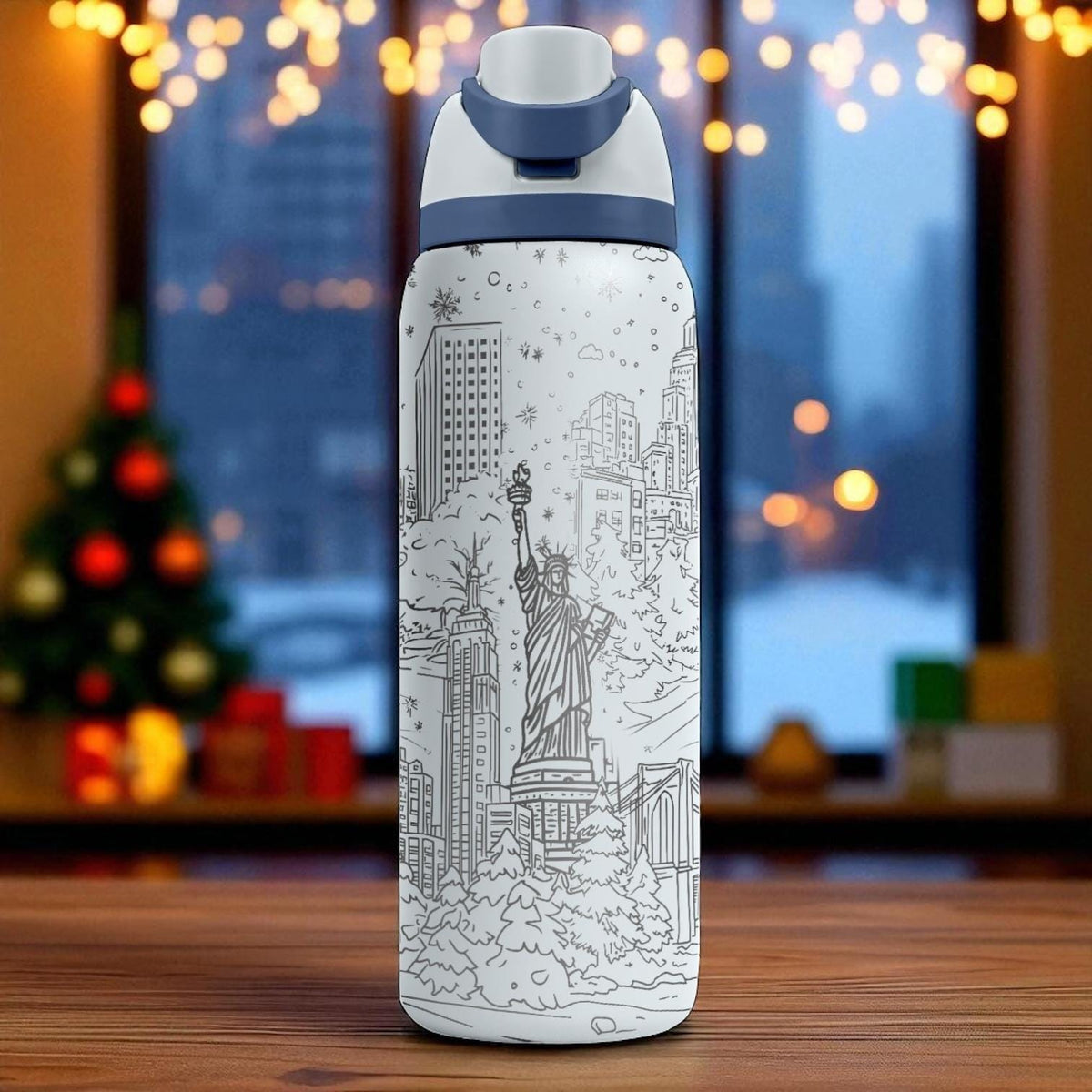 NYC Christmas Engraved Owala Tumbler – 16oz 24oz 32oz 40oz Holiday FreeSip Cup – Statue of Liberty Winter Gift