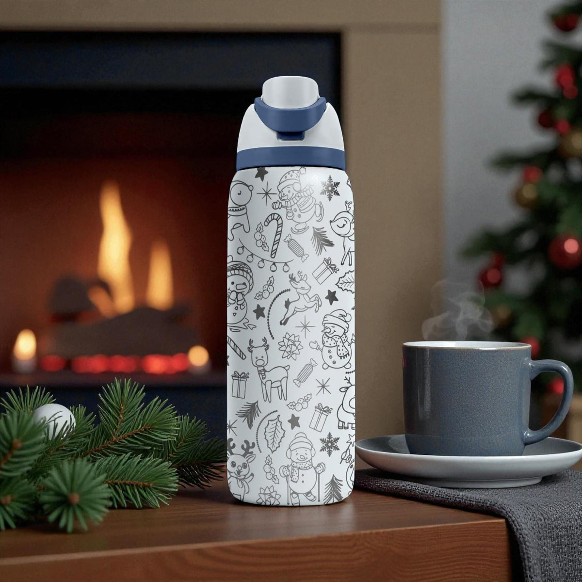 Engraved Christmas Owala Bottle – Cute Holiday Doodle Pattern with Snowmen, Reindeer & Gifts – Festive Stainless Cup 16oz 24oz 32oz 40oz  ⸻