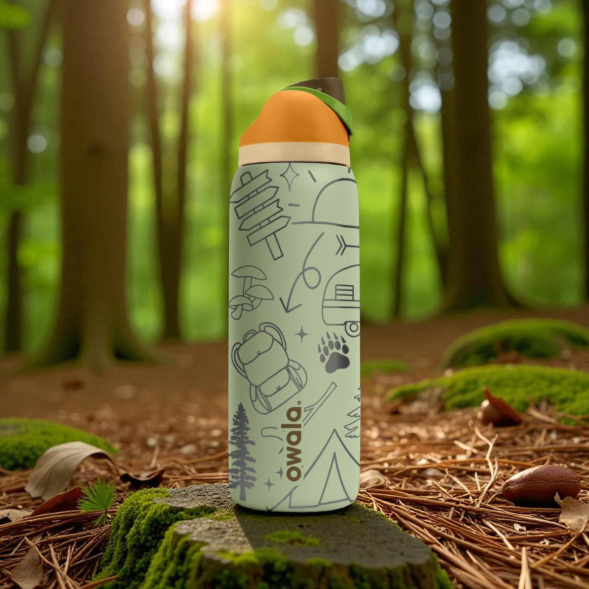 Camping Trailer Engraved Owala Bottle – Forest Trees, Backpack & Adventure Icons – Outdoor Camper Gift Stainless Cup 16oz 24oz 32oz 40oz  ⸻