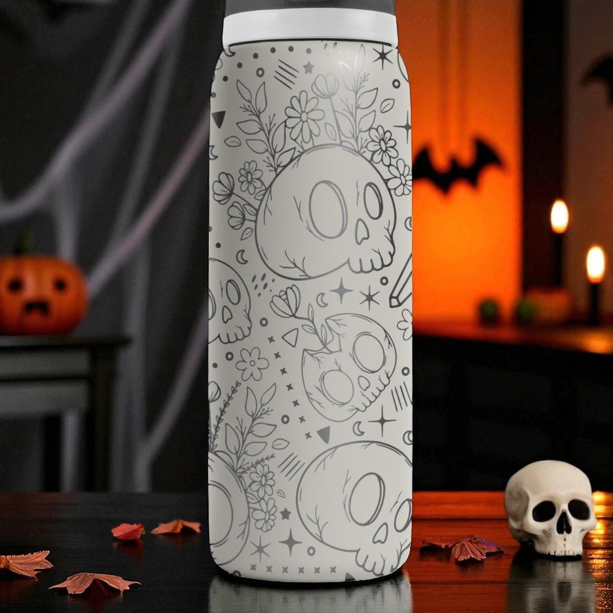 Engraved Skull Floral Tumbler – Owala Water Bottle with Halloween Style Design – 16oz 24oz 32oz 40oz