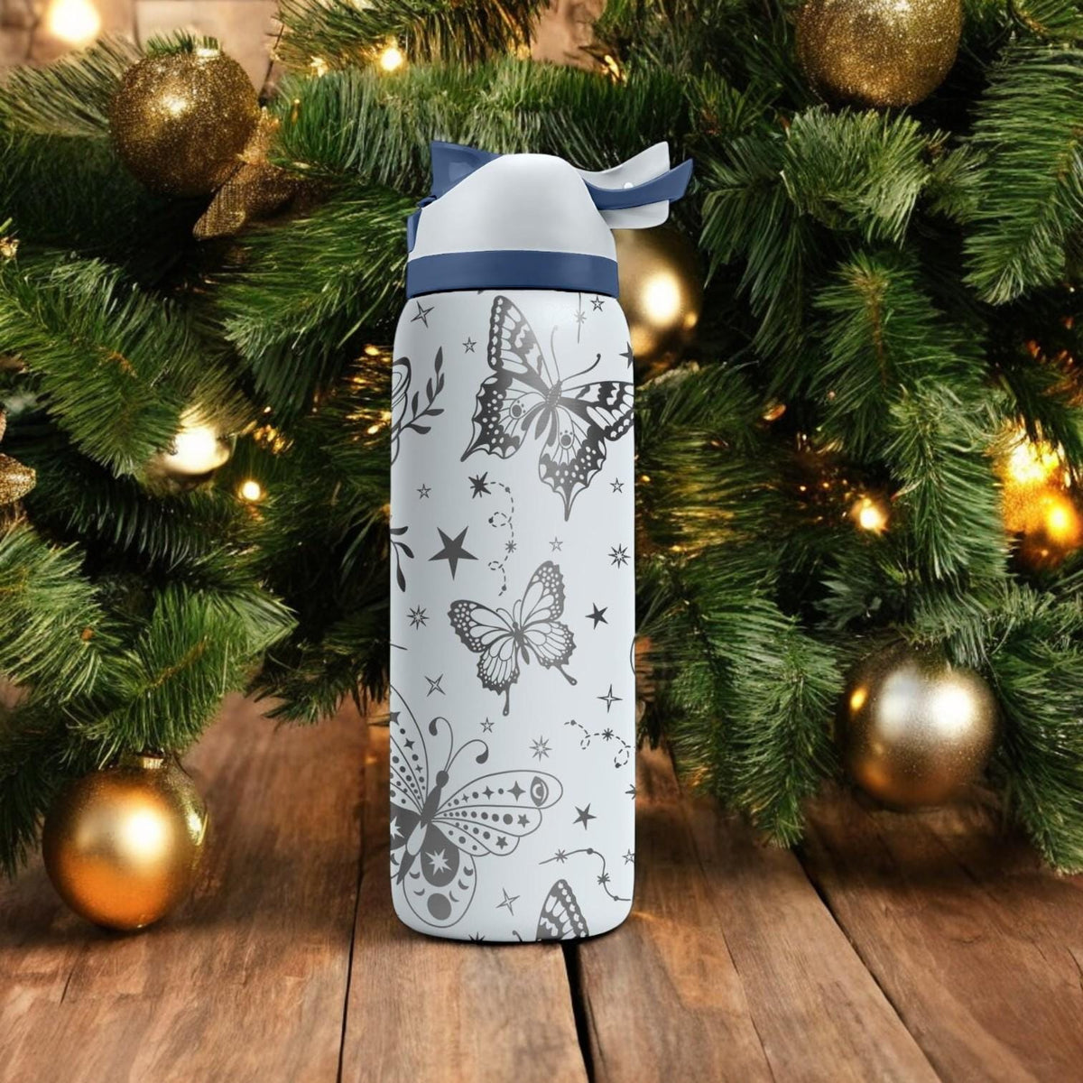Butterflies Engraved Owala Bottle – Elegant Floral and Star Pattern – Magical Holiday Gift Stainless Cup 16oz 24oz 32oz 40oz
