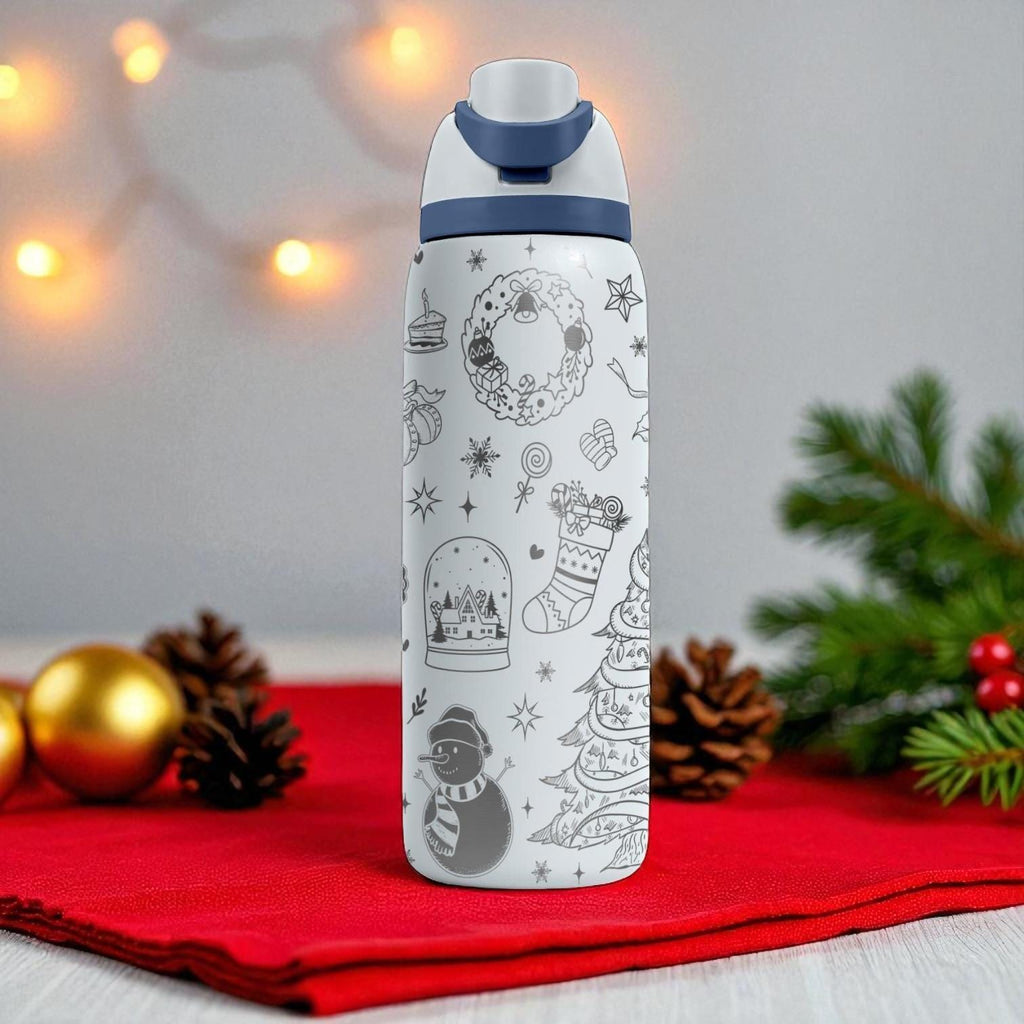 Christmas Owala Engraved Tumbler – Holiday Laser Gift – Santa, Tree, Gifts, Snowman Design – 40oz 32oz 24oz Bottle