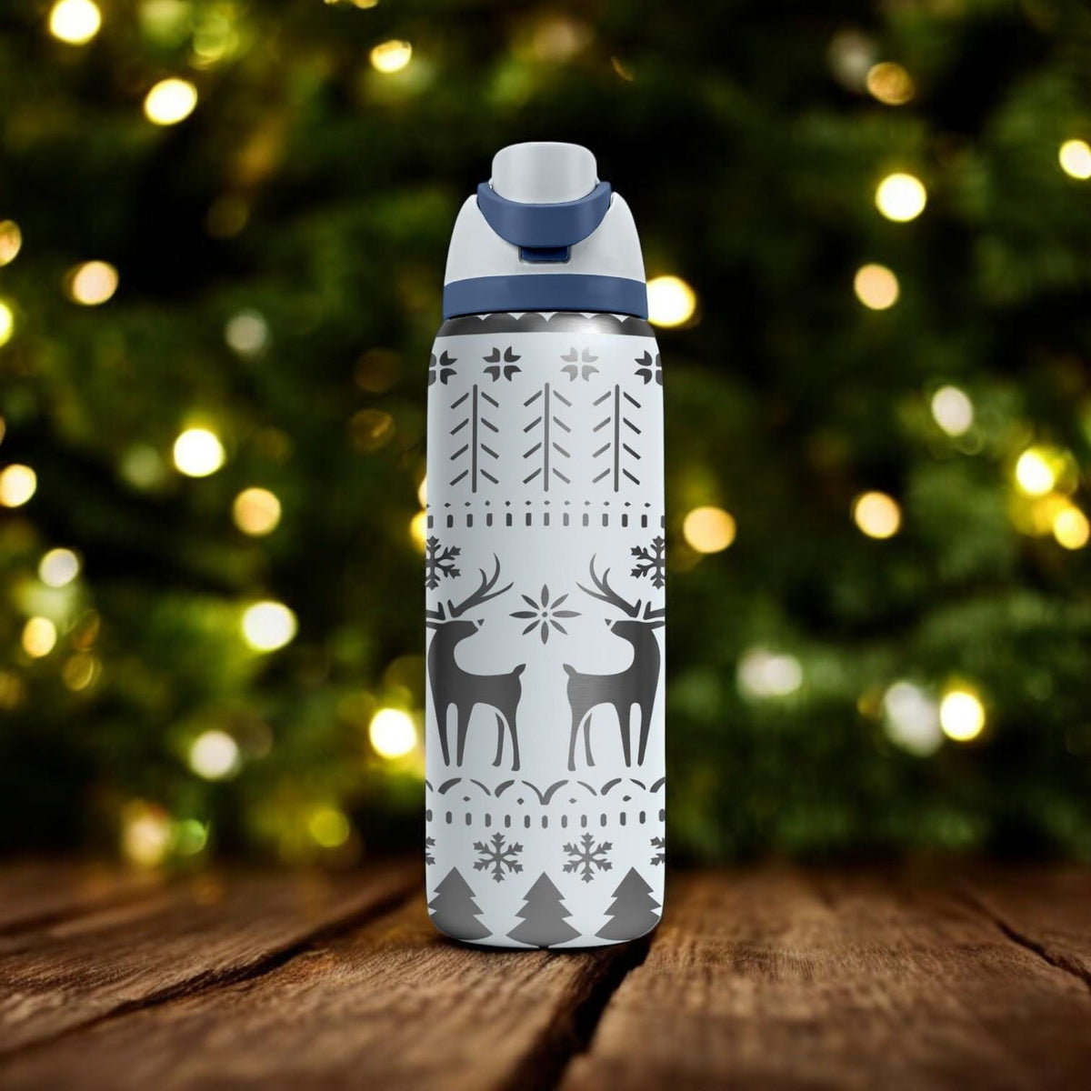 Nordic Reindeer Engraved Owala Bottle – Cozy Scandinavian Sweater Pattern – Christmas Gift Stainless Cup 16oz 24oz 32oz 40oz