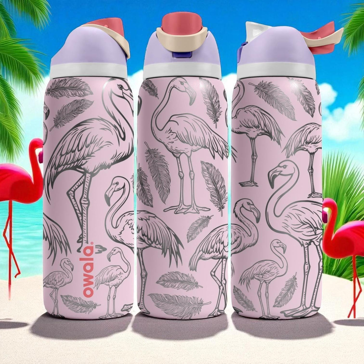 Flamingo Engraved Owala Tumbler – 16oz 24oz 32oz 40oz Tropical FreeSip Cup with Feathers – Summer Gift for Her